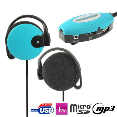 AT-SD37 Baby Blue Plug-card Style Stereo Music Plug-card Style MP3 Headphone with Display Screen & Clip, Support FM Radio & TF C - Click Image to Close